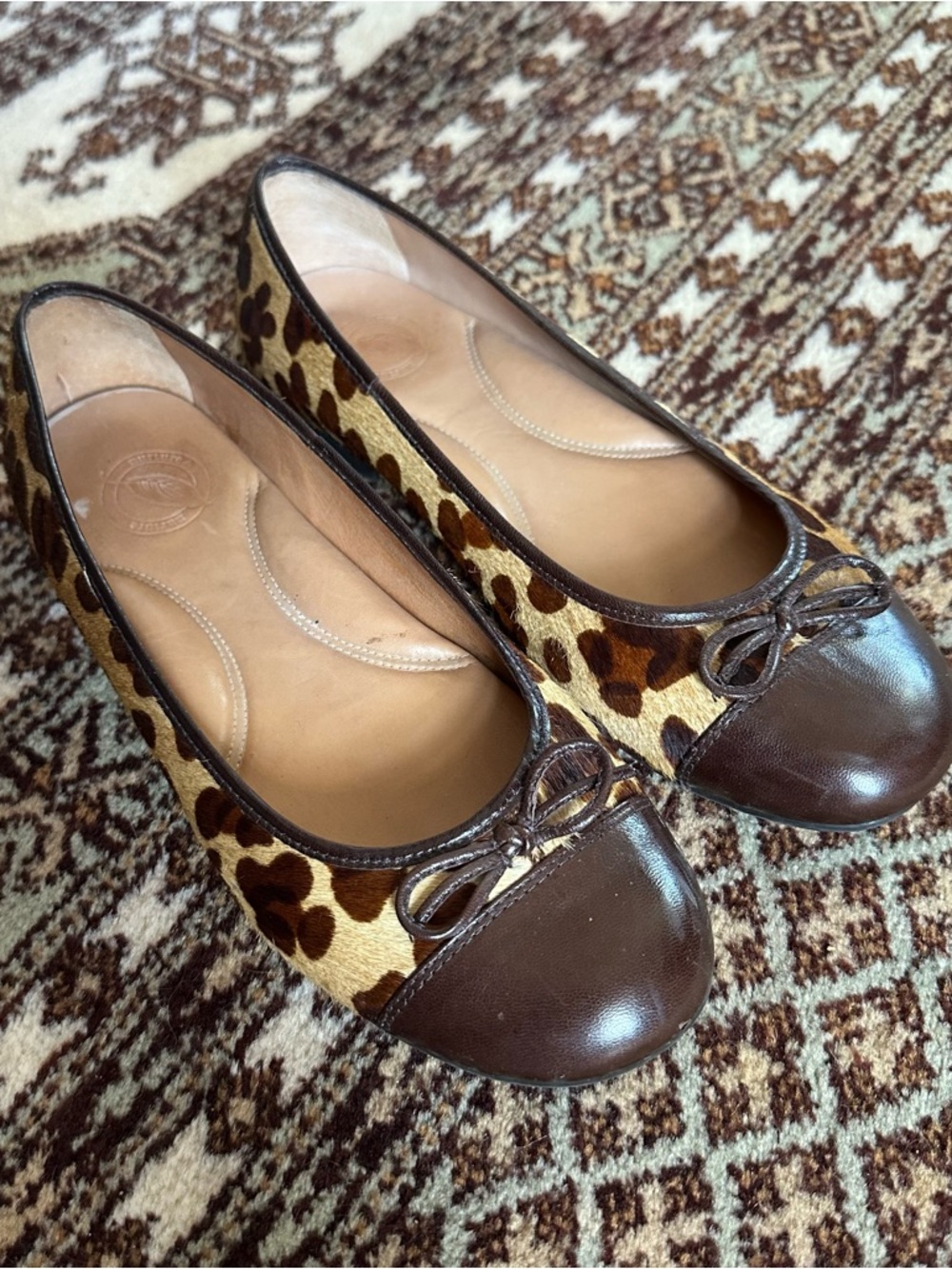 Women's Leopard Print Ballet Flats with Brown Leather Cap Toe